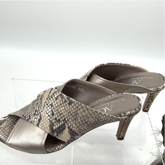 AGL Snakeskin‎ Peep Toe Slip-On Heeled Strappy Sandal Brown Gold 38.5/8 - Picture 2 of 11